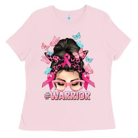 Bubblegum Pink Warrior Cancer messy bun Cancer Awareness Ladies Tee - HowdyJamesFarm