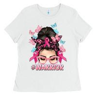 White Warrior Cancer messy bun Cancer Awareness Ladies Tee - HowdyJamesFarm