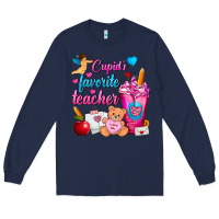 Navy Cupid's Favorite Teacher Valentine's Day Frappe Long Sleeve Tee - FaDigitalArtStudio