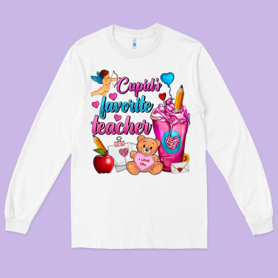 Cupid's Favorite Teacher Valentine's Day Frappe Long Sleeve Tee Designed By Fadigitalartstudio