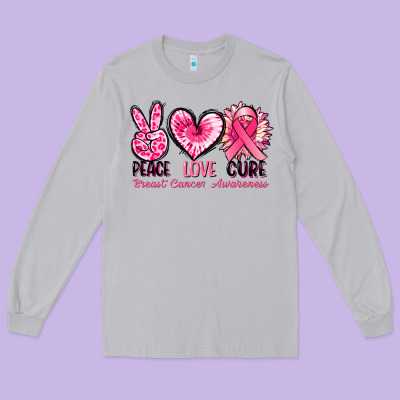 Peace Love Cure Breast Cancer Awareness Long Sleeve Tee Designed By Fadigitalartstudio
