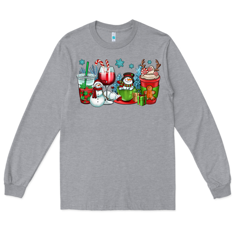 Christmas Snowman Coffee Cups Long Sleeve Tee by OliviaCreatesArt | Teevron