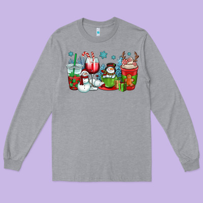 Christmas Snowman Coffee Cups Long Sleeve Tee Designed By Oliviacreatesart