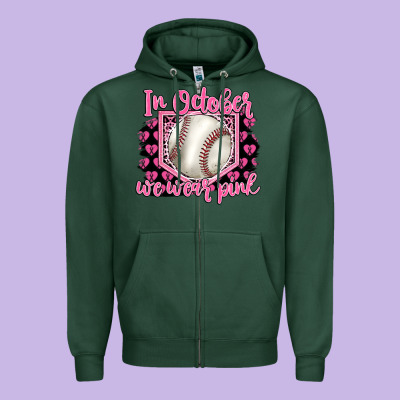 In October We Wear Pink Baseball Zipper Hoodie Designed By Barkaloodesign