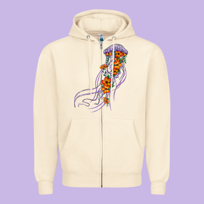 Light Purple Jellyfish And Floral Zipper Hoodie Designed By Barkaloodesign