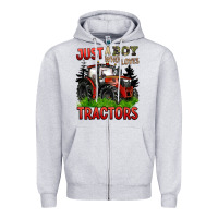 Heather Grey just a boy who loves tractors red tractor Zipper Hoodie - BarkalooDesign