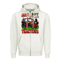 Oatmeal Heather just a boy who loves tractors red tractor Zipper Hoodie - BarkalooDesign