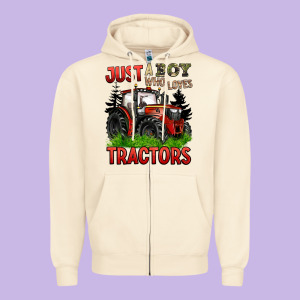 Just A Boy Who Loves Tractors Red Tractor Zipper Hoodie Designed By Barkaloodesign