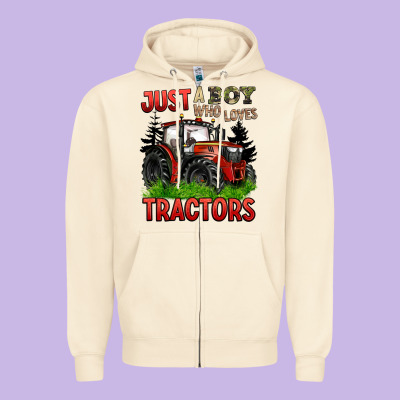 Just A Boy Who Loves Tractors Red Tractor Zipper Hoodie Designed By Barkaloodesign