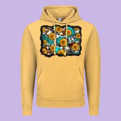 Cowhide  Turquoise Sunflowers Pattern Olivia Vintage Hoodie Designed By Oliviacreatesart