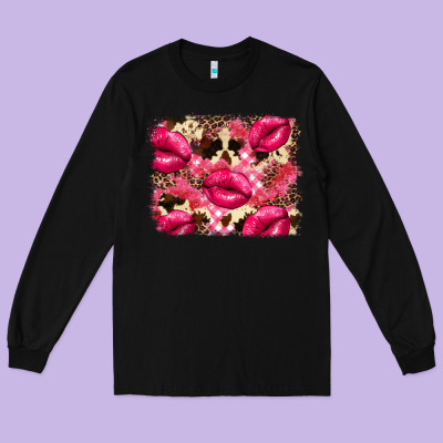 Valentine's Day Pink Plaid Red Glitter Cowhide Long Sleeve Tee Designed By Fadigitalartstudio
