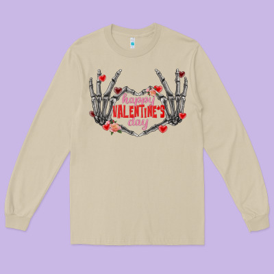 Happy Valentine's Day Skeleton Hands Long Sleeve Tee Designed By Fadigitalartstudio