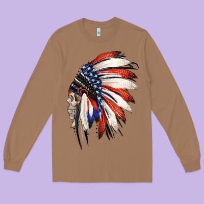4th Of July Indian Headdress Gypsy Spirit Skull Long Sleeve Tee Designed By Jasminsmagicworld
