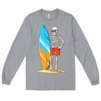 Heather Grey Surfing Skeleton Halloween Themed Surf Lovers Gift Long Sleeve Tee - longCreatives