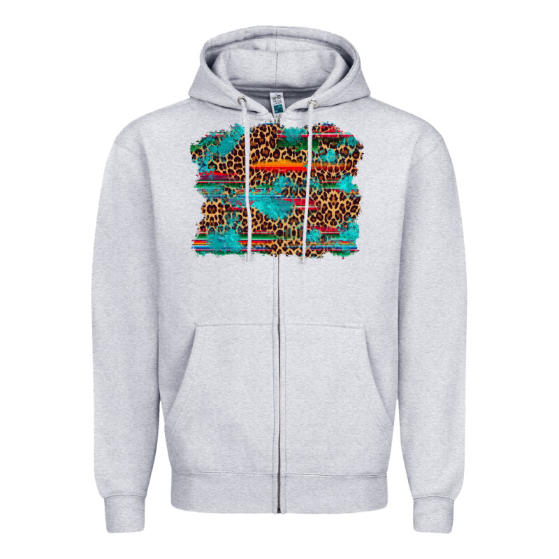 Western Serape Leopard Bull Skull Turquoise  Background Zipper Hoodie by Artiststas | Teevron