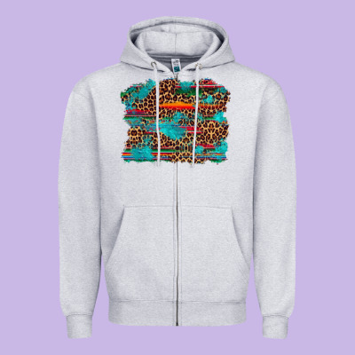 Western Serape Leopard Bull Skull Turquoise  Background Zipper Hoodie Designed By Artiststas
