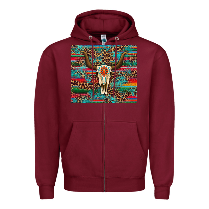 Western Serape Leopard Bull Skull Turquoise Zipper Hoodie by Artiststas | Teevron