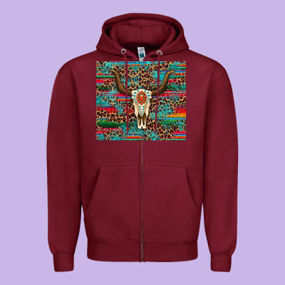 Western Serape Leopard Bull Skull Turquoise Zipper Hoodie Designed By Artiststas