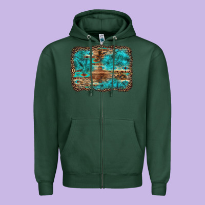 Western Turquoise Stone Aztec Tiger Pattern Background Zipper Hoodie Designed By Artiststas