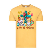 Vintage Mustard He is risen with Cross Easter Day Vintage Tee - HowdyJamesFarm