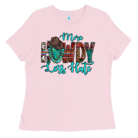 Bubblegum Pink Western More Howdy Less Hate Cowboy Hat Gemstone Ladies Tee - HowdyJamesFarm