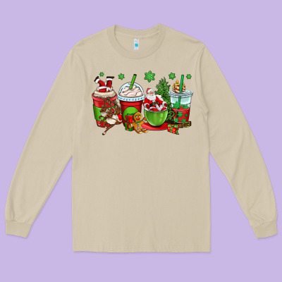 Christmas Santa Claus Coffee Cups Long Sleeve Tee Designed By Oliviacreatesart