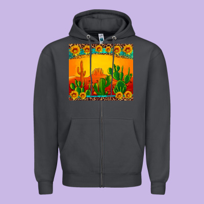 Desert Sunset With Cactus Sunflowers And Leopard Zipper Hoodie Designed By Artiststas