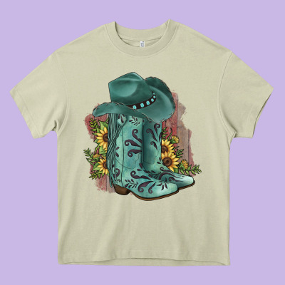 Turquoise Cowboy Boots Heavy Core Tee Designed By Jahusdesignshop