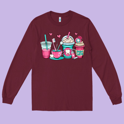 Dentist Coffee Cups Long Sleeve Tee Designed By Oliviacreatesart