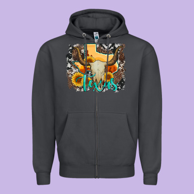Western Texas  And Cowhide With Sunflower Zipper Hoodie Designed By Artiststas