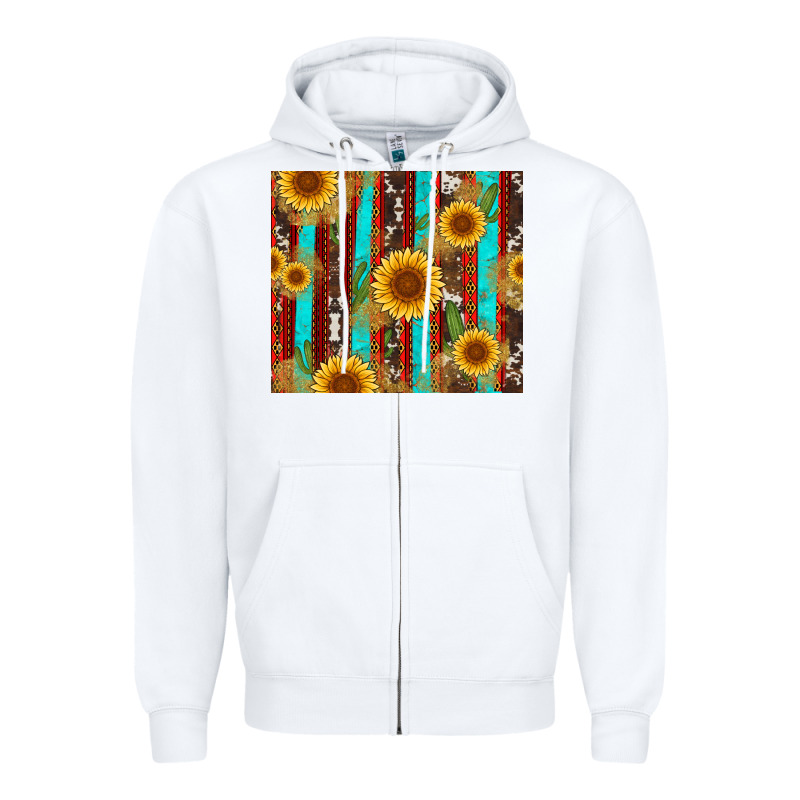 Western Sunflower Cactus Serape And Cowhide Zipper Hoodie by Artiststas | Teevron