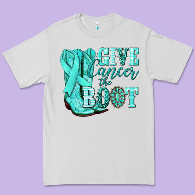 Give Cancer The Boot Ovarian Cancer Teal Ribbon Premium Tee Designed By Nancycooperartshop