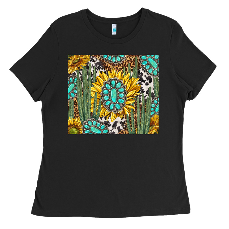 Western Cactus With Sunflowers And Turquoise Tumbler Tbs Ladies Tee by TumblerDesignByShophia | Teevron