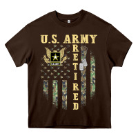 Chocolate Brown US ARMY Retired  Distressed American Flag Patriotic Heavy Core Tee - longCreatives