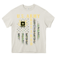 Cream US ARMY Retired  Distressed American Flag Patriotic Heavy Core Tee - longCreatives