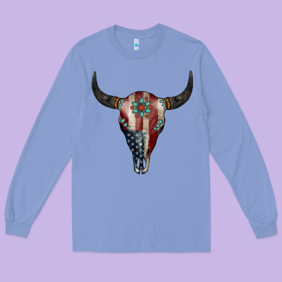 American Bull Skull Gemstone Long Sleeve Tee Designed By Jasminsmagicworld