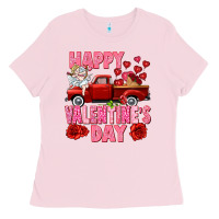 Bubblegum Pink Happy Valentine's day red truck Ladies Tee - HowdyJamesFarm