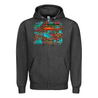 Charcoal Heather western serape leopard turquoise  background Zipper Hoodie - Artiststas