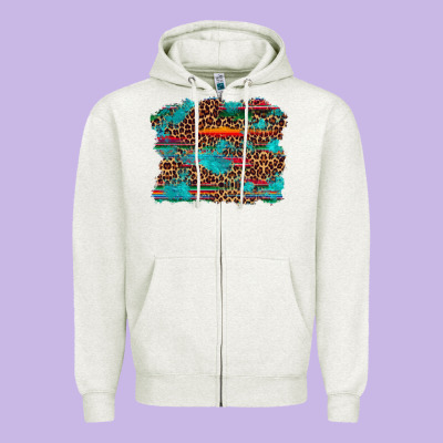 Western Serape Leopard Turquoise  Background Zipper Hoodie Designed By Artiststas