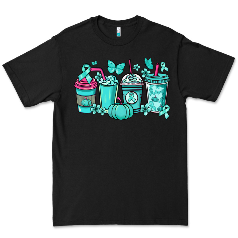 Ovarian Cancer Coffee Cups Teal Ribbon Premium Tee by NancyCooperArtShop | Teevron