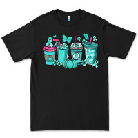 Black Ovarian Cancer coffee cups teal ribbon Premium Tee - NancyCooperArtShop