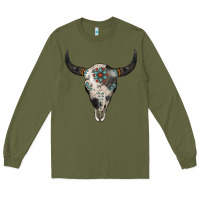 Army Green Cowhide Bull Skull Long Sleeve Tee - Jasminsmagicworld