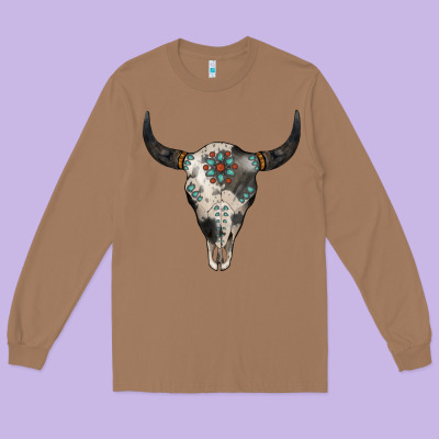 Cowhide Bull Skull Long Sleeve Tee Designed By Jasminsmagicworld