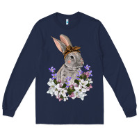Navy Easter Day Flowers bunny Long Sleeve Tee - OliviaCreatesArt