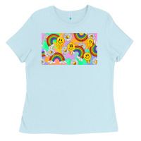 Baby Blue smile faces and rainbow and daisys Ladies Tee - TumblerDesignByShophia