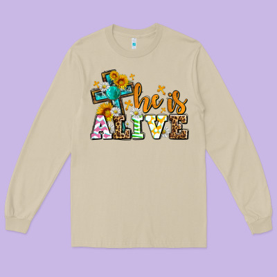 Easter Day He Is Alive With Cross Long Sleeve Tee Designed By Oliviacreatesart