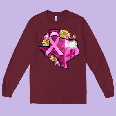 Texas Cancer Awareness Map Long Sleeve Tee Designed By Fadigitalartstudio