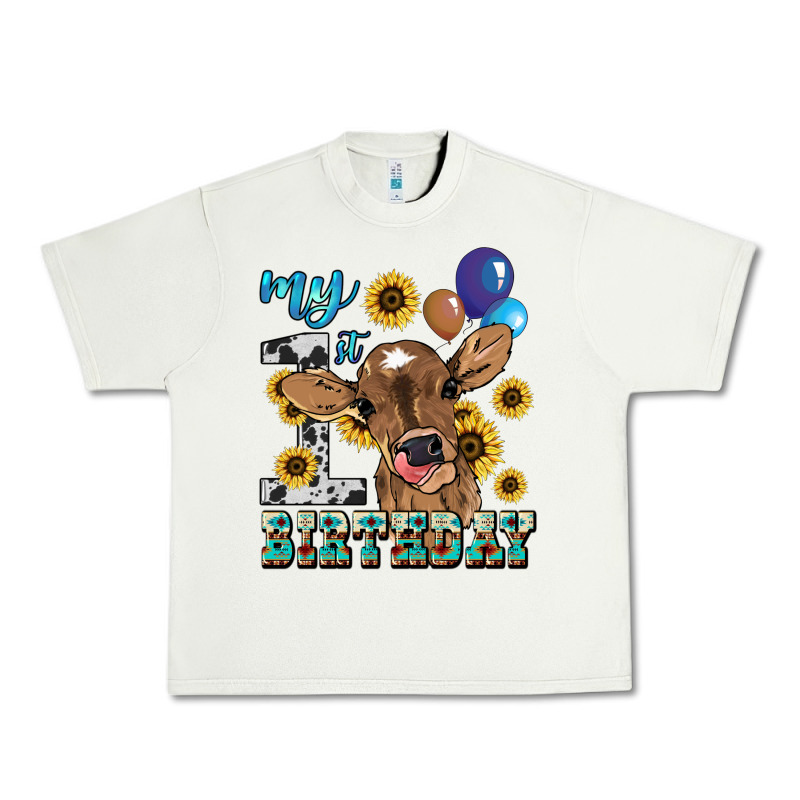 My First Birthday Baby Cow Sunflower Urban Heavy Tee by HowdyJamesFarm | Teevron