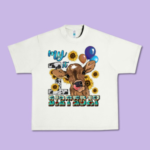 My First Birthday Baby Cow Sunflower Urban Heavy Tee Designed By Howdyjamesfarm