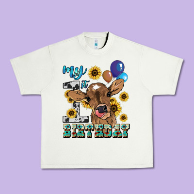 My First Birthday Baby Cow Sunflower Urban Heavy Tee Designed By Howdyjamesfarm